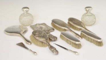 Collection of silver backed dressing table items and silver mounted jars, etc