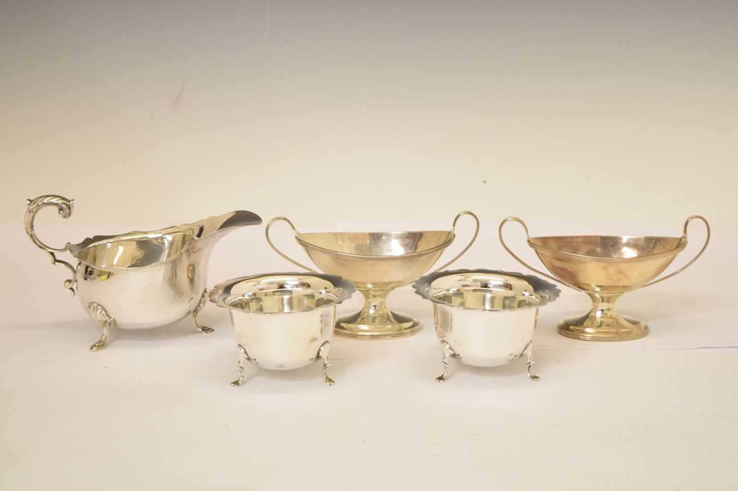Pair of Victorian silver pedestal salts, an Edward VII silver sauceboat, etc - Image 2 of 10