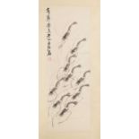 Manner of Qi Baishi (1864 - 1957) - Chinese watercolour scroll, nine shrimps or crayfish