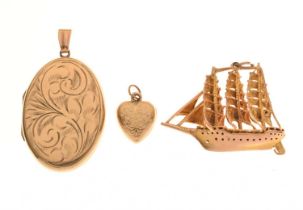 9ct gold three-masted ship pendant and 9ct gold locket and 9ct heart locket