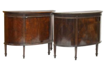 Pair of 1920s inlaid mahogany demi-lune side cabinets in the Adam Revival taste