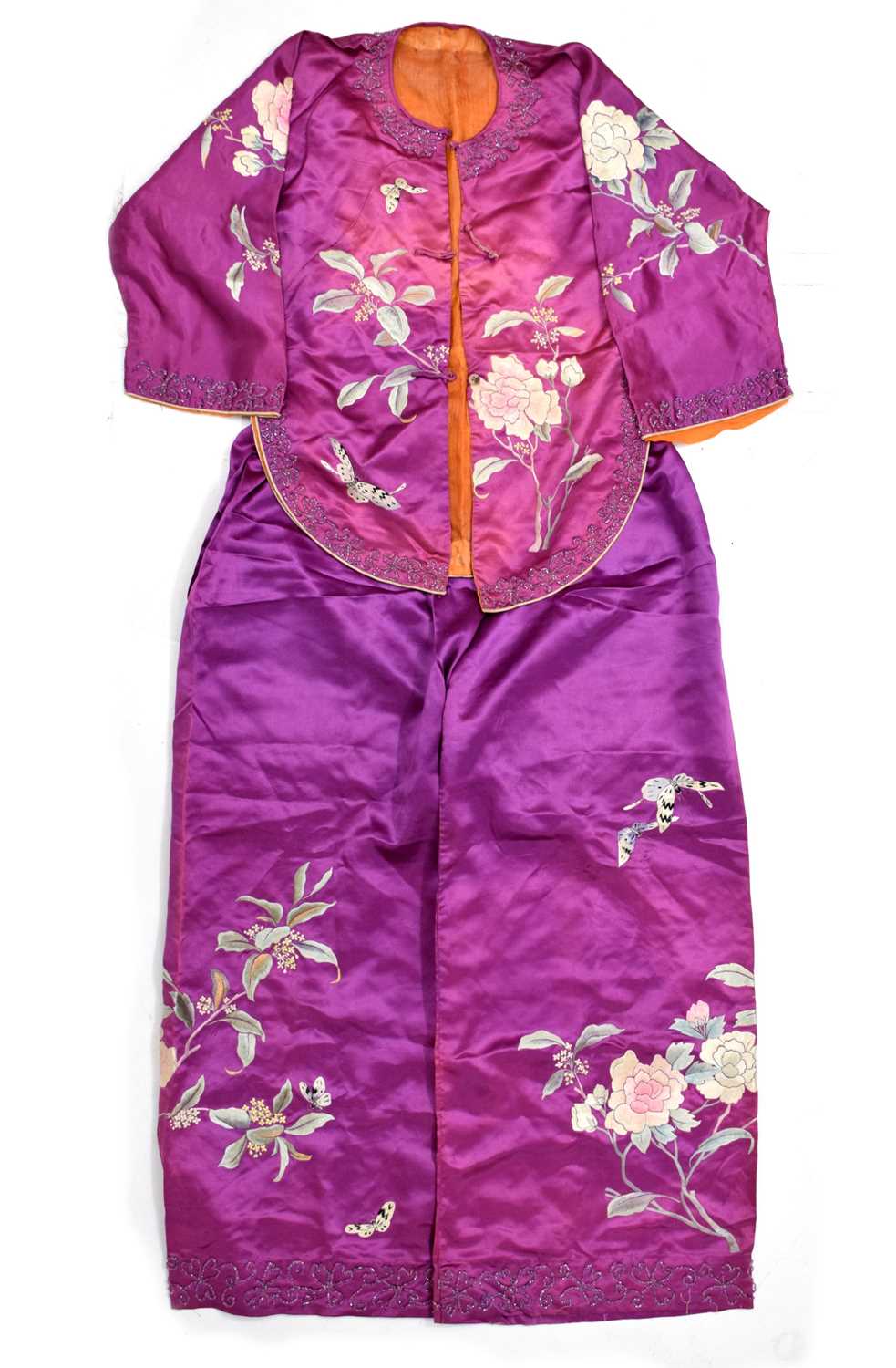 Lady's Chinese embroidered purple silk jacket and trousers, circa 1900