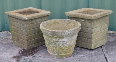 Pair of square reconstituted stone garden planters and one other