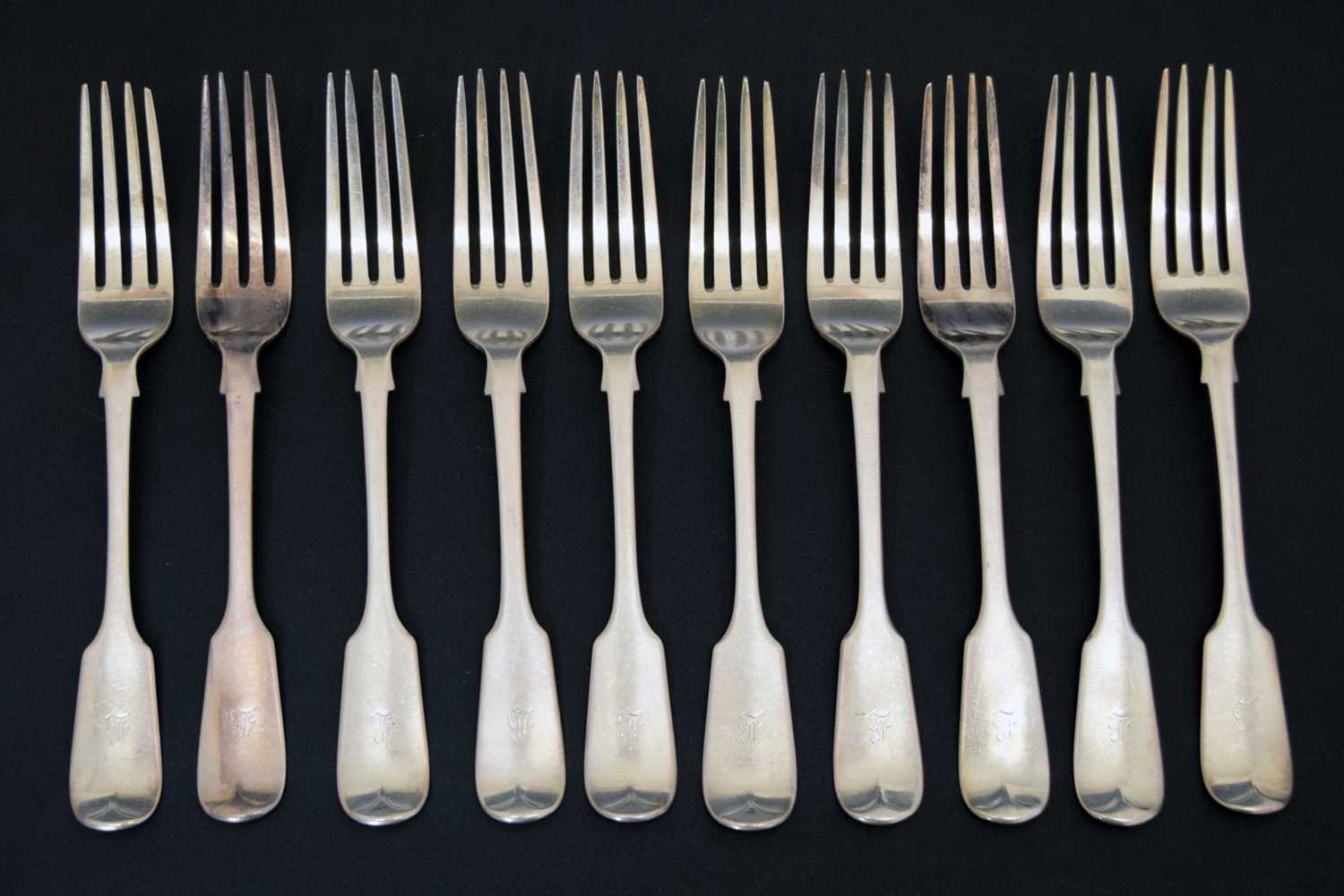 Set of ten Victorian Fiddle pattern silver table forks