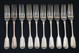 Set of ten Victorian Fiddle pattern silver table forks