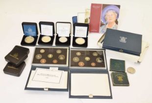 Five Royal Mint year packs, six Buckinghamshire Mint gilt medallions, etc