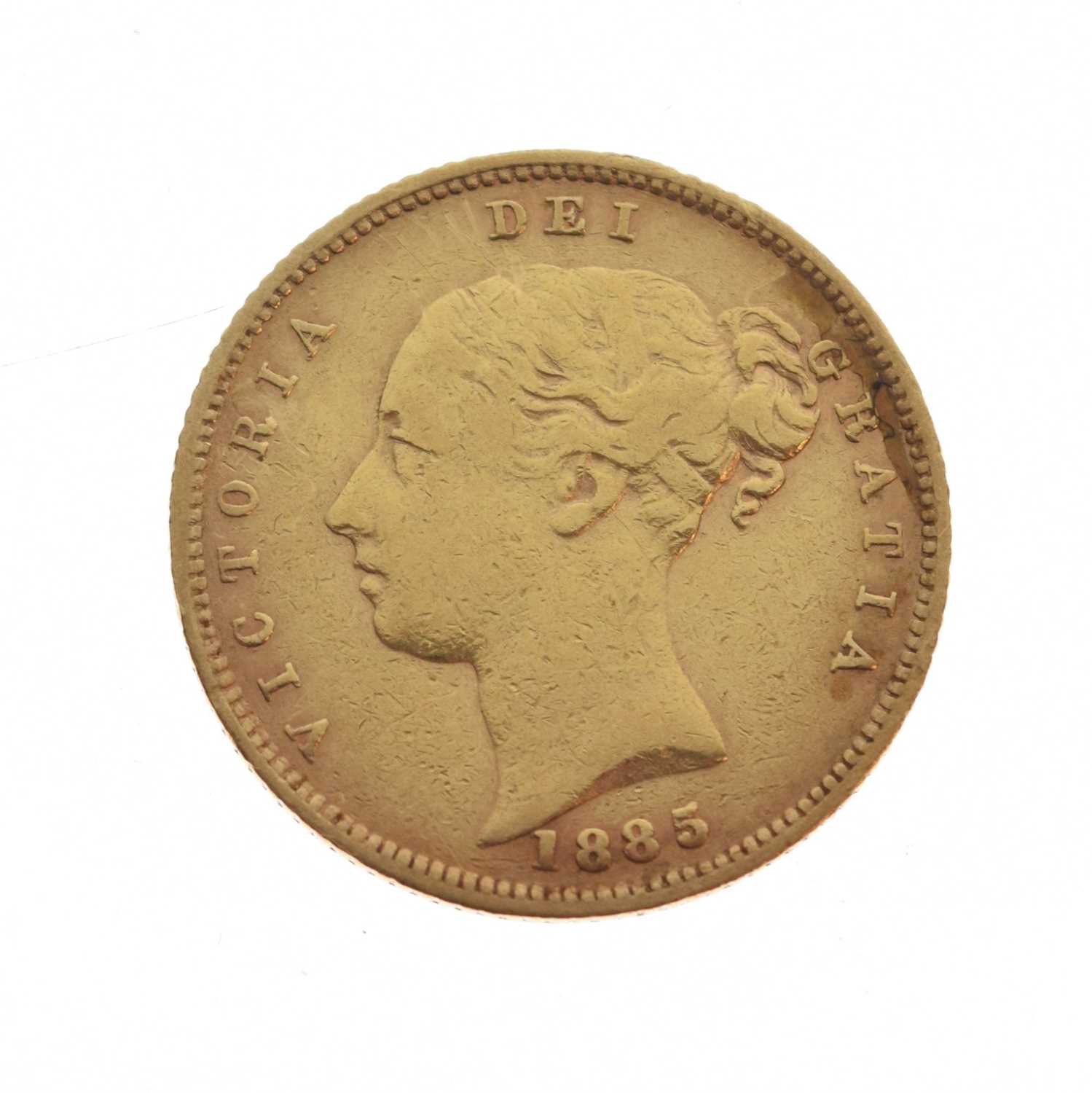 Queen Victoria Young Head/Shield Back gold half sovereign, 1885