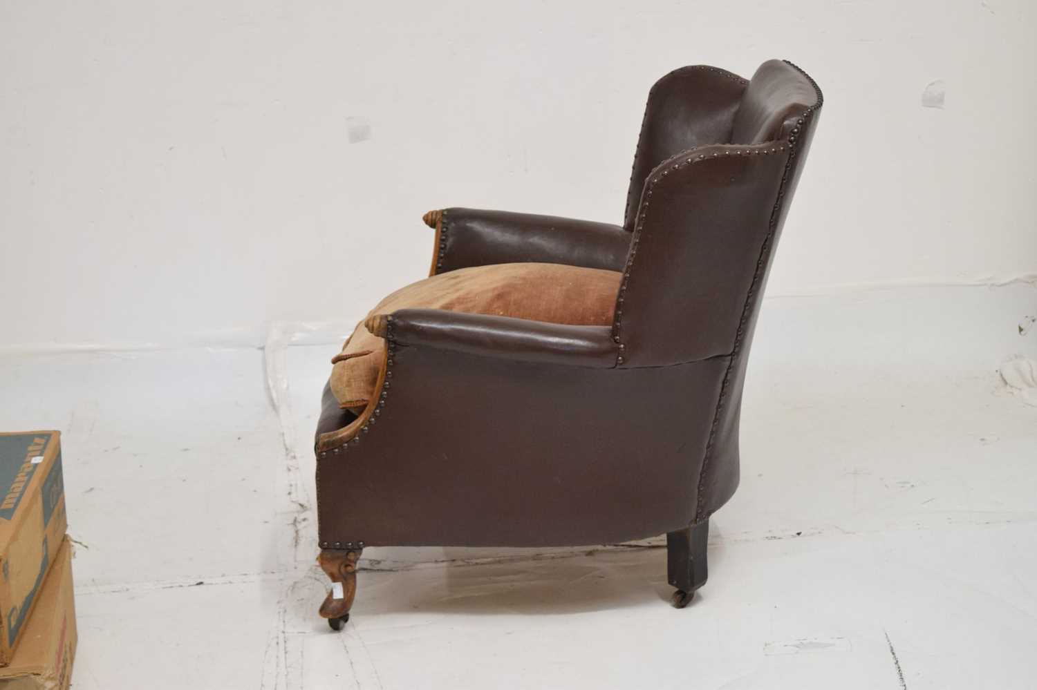 Early 20th century studded brown leatherette fireside chair - Image 7 of 7