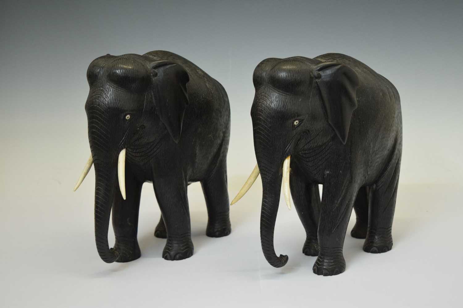 Pair of ebony elephants with ivory tusks - Image 2 of 7