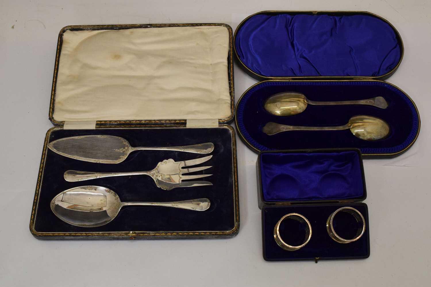 Pair of Edward VII silver trefid spoons, three-piece serving set, etc - Image 2 of 10