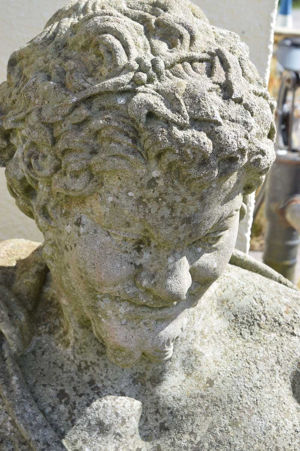 Large composite stone garden bust of Bacchus on fluted pedestal - Image 6 of 7