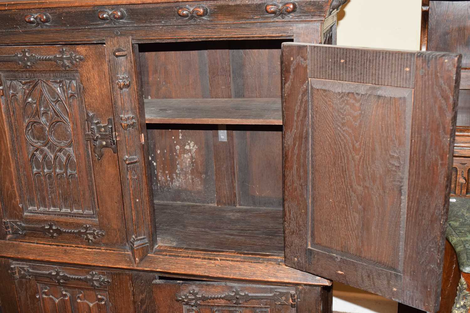 Early 20th century oak gothic revival two section cupboard - Image 2 of 11