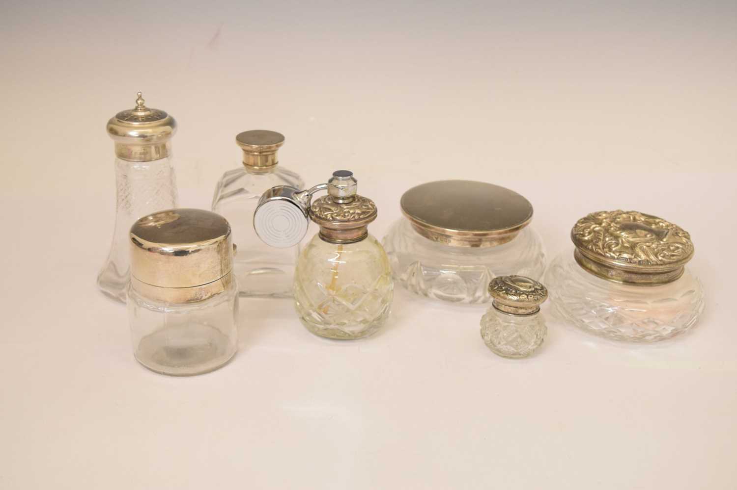 Collection of silver mounted and capped dressing table jars and pots - Image 2 of 10