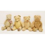 Child's vintage golden mohair teddy bear, with jointed limbs and three others