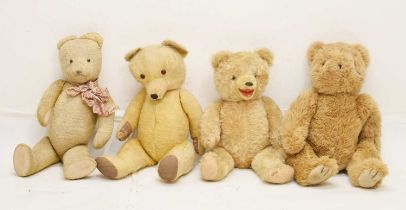 Child's vintage golden mohair teddy bear, with jointed limbs and three others