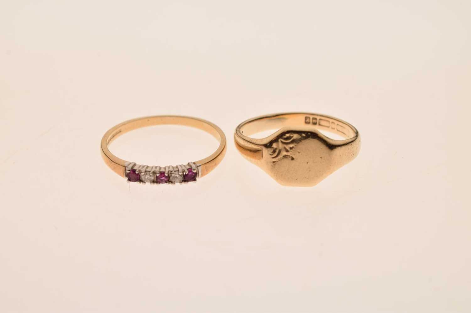9ct gold ruby and diamond five-stone half eternity ring, and a 9ct gold signet ring - Image 6 of 6
