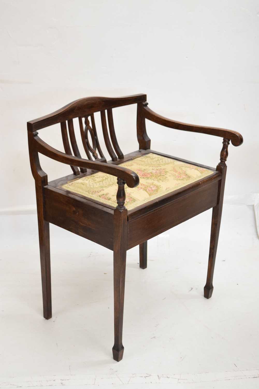 Open fronted corner cupboard, oak circular top occasional table and a piano stool - Image 2 of 11