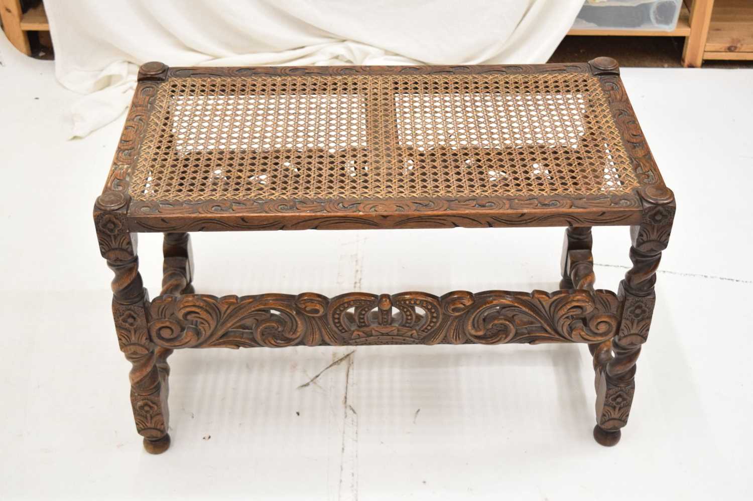 Carved cane-seat stool/luggage rack - Image 9 of 10