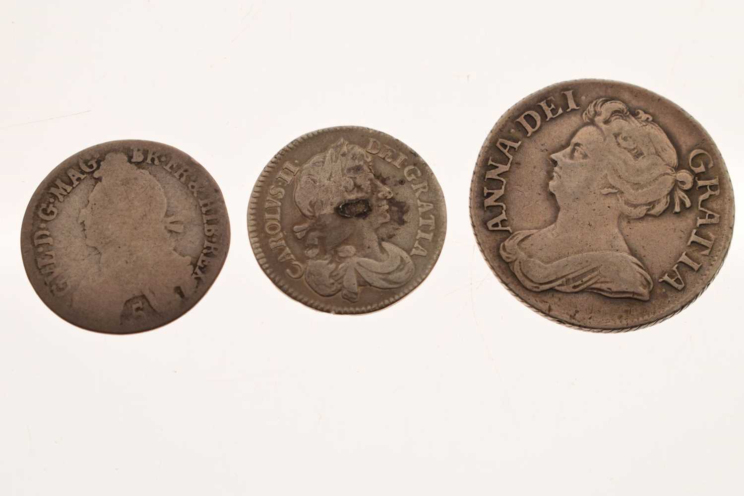 Three silver milled coins, Charles II, William III, and Queen Anne - Image 4 of 5