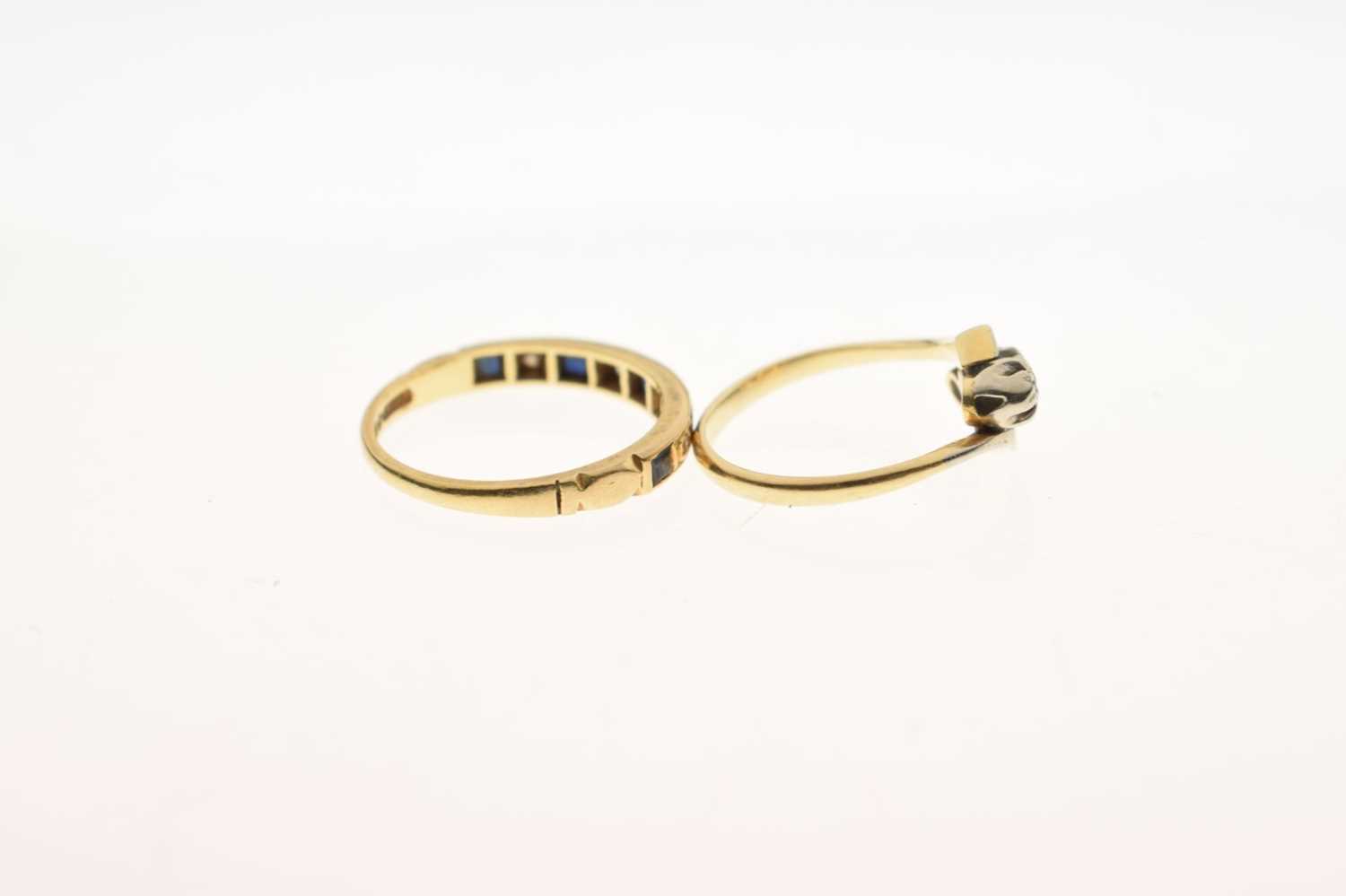 Diamond three-stone crossover ring, and a sapphire and diamond 18ct gold half eternity ring (2) - Image 5 of 6