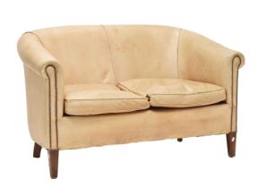 Studded pale tan leatherette tub-back two-seater office/reception settee