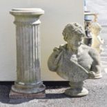 Large composite stone garden bust of Bacchus on fluted pedestal