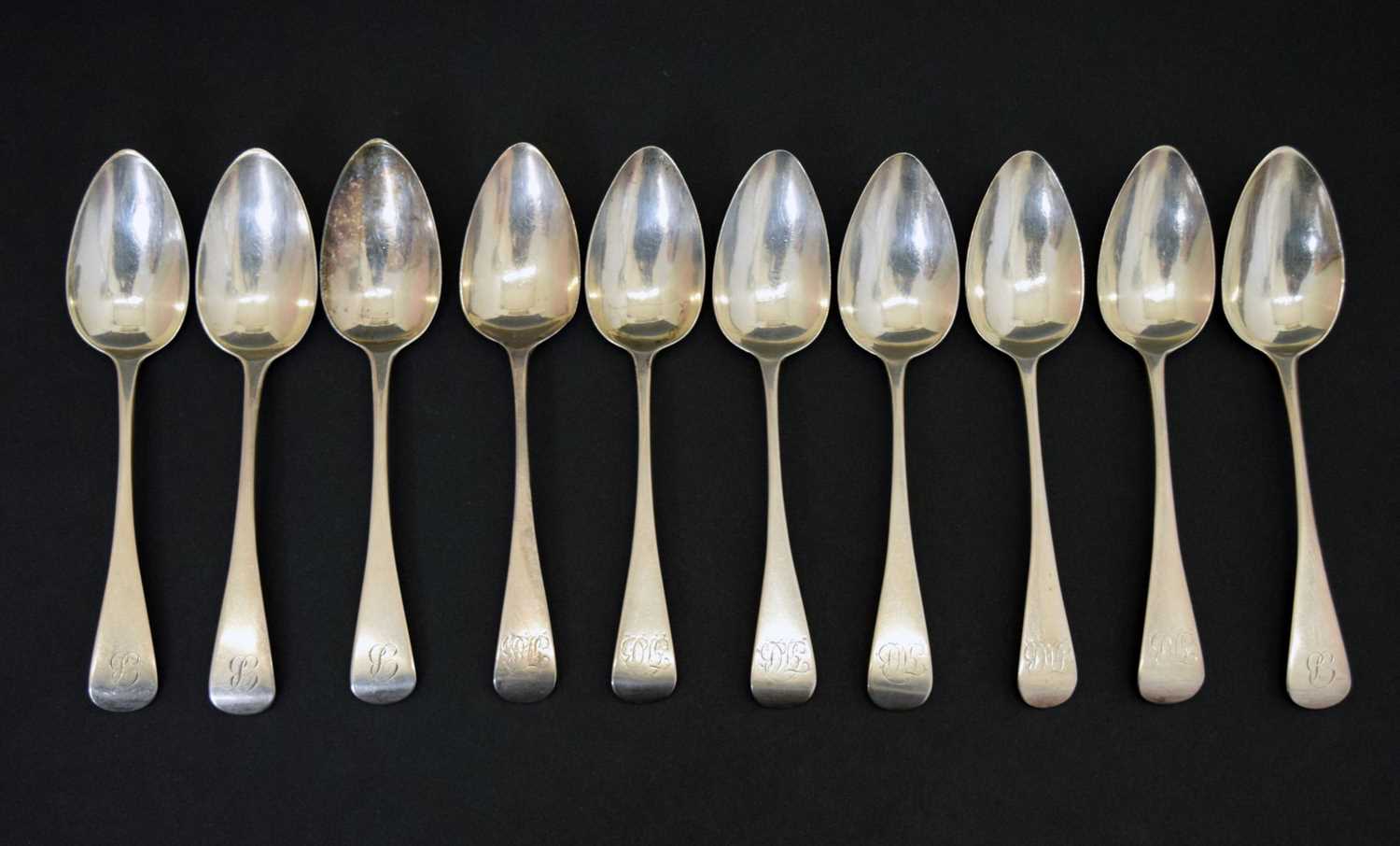 Ten Georgian silver Old English pattern dessert spoons