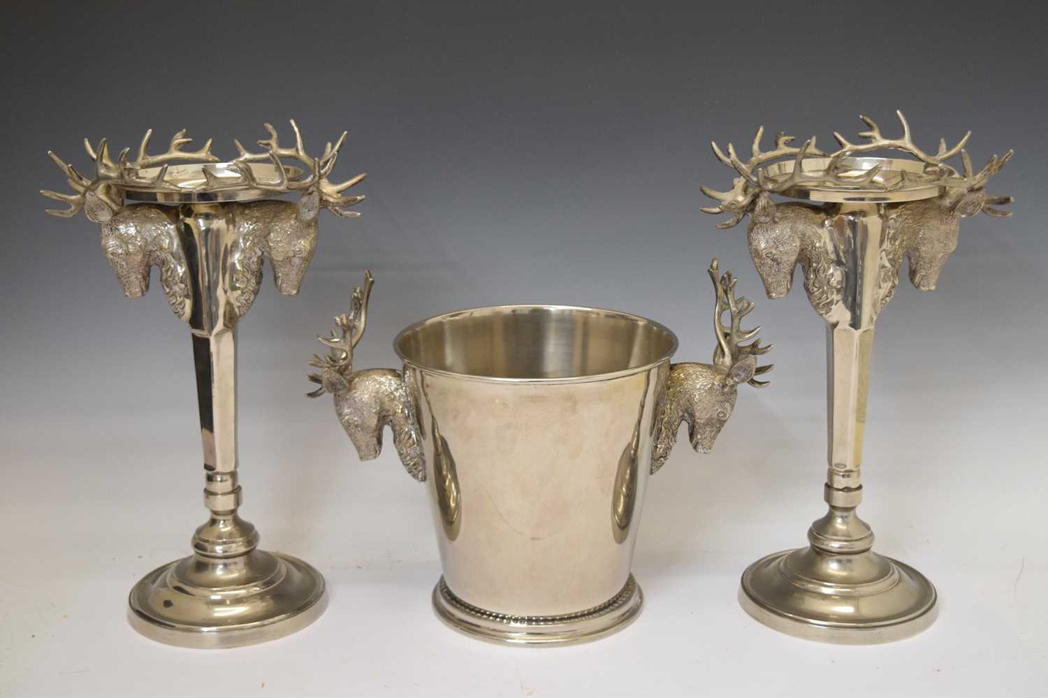 Pair of modern silver plate centrepieces and ice pail