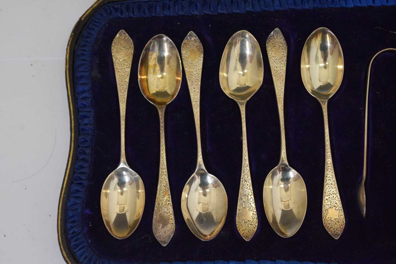 Late Victorian cased set of twelve teaspoons and a pair of sugar tongs - Image 3 of 9