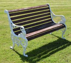 Two seater slatted wooden bench