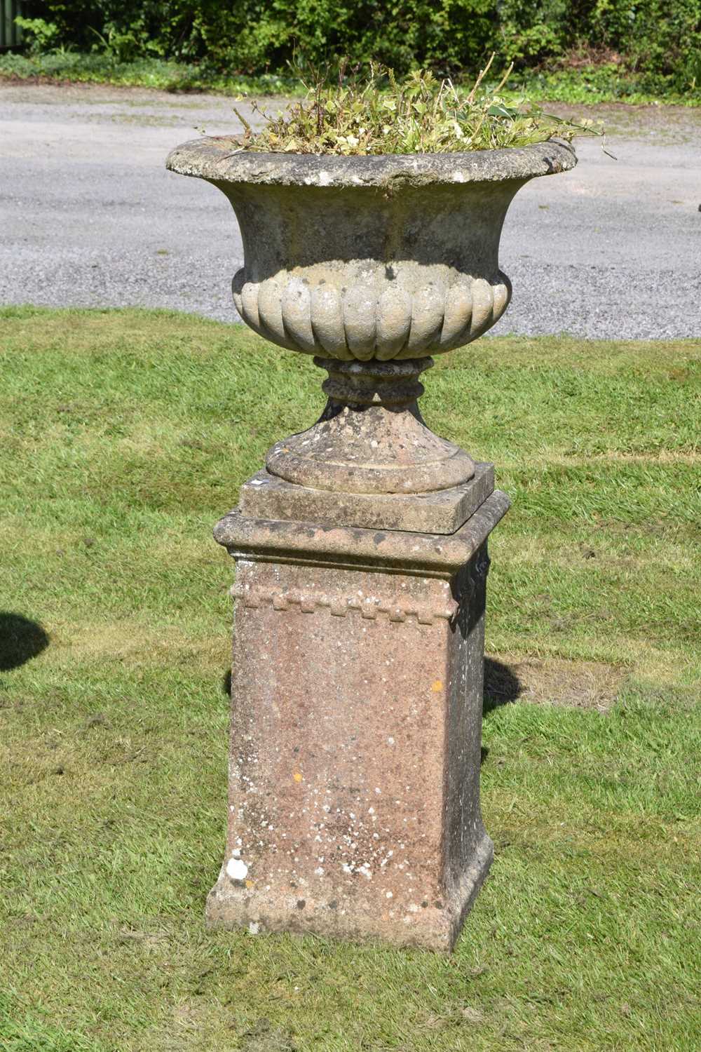 Pair of composition stone garden urns and pedestals - Image 3 of 8