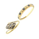 Diamond three-stone crossover ring, and a sapphire and diamond 18ct gold half eternity ring (2)