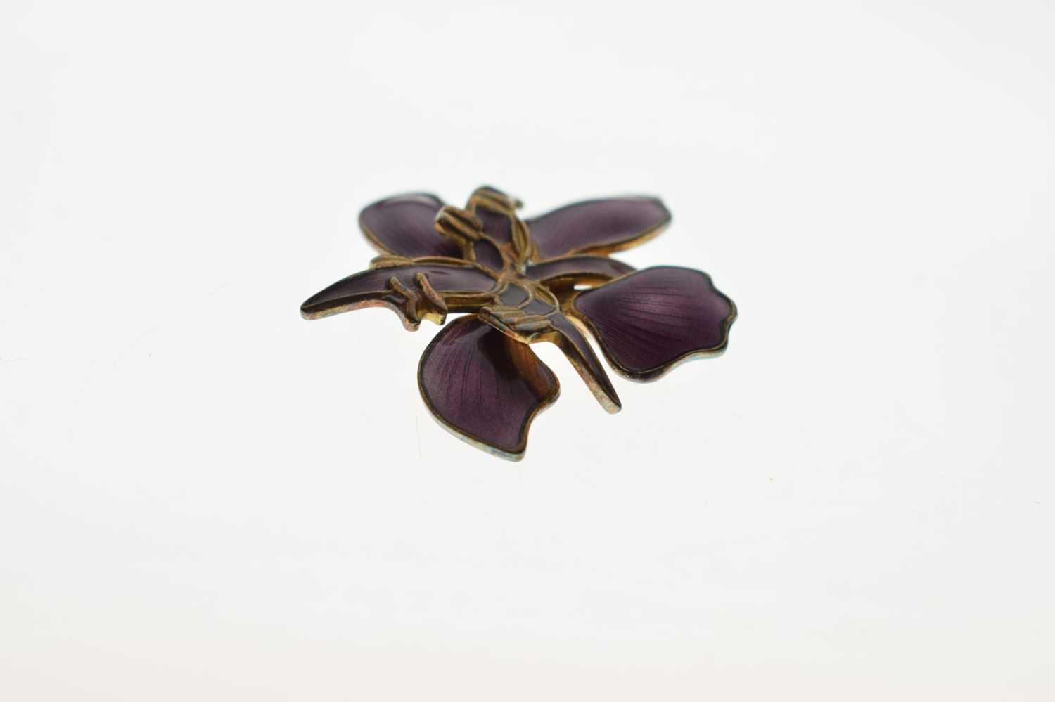 David Andersen, Norway - Silver and purple enamel orchid brooch - Image 3 of 5