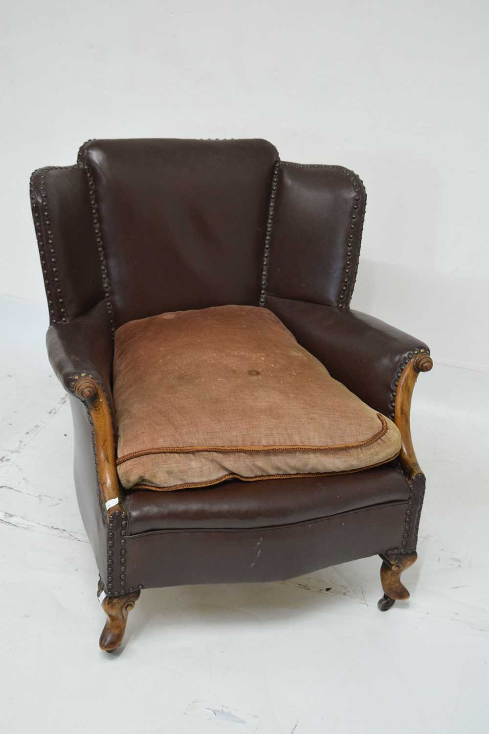 Early 20th century studded brown leatherette fireside chair - Image 3 of 7