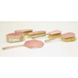 Art Deco silver and pink enamel six-piece vanity set including trinket box