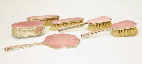 Art Deco silver and pink enamel six-piece vanity set including trinket box
