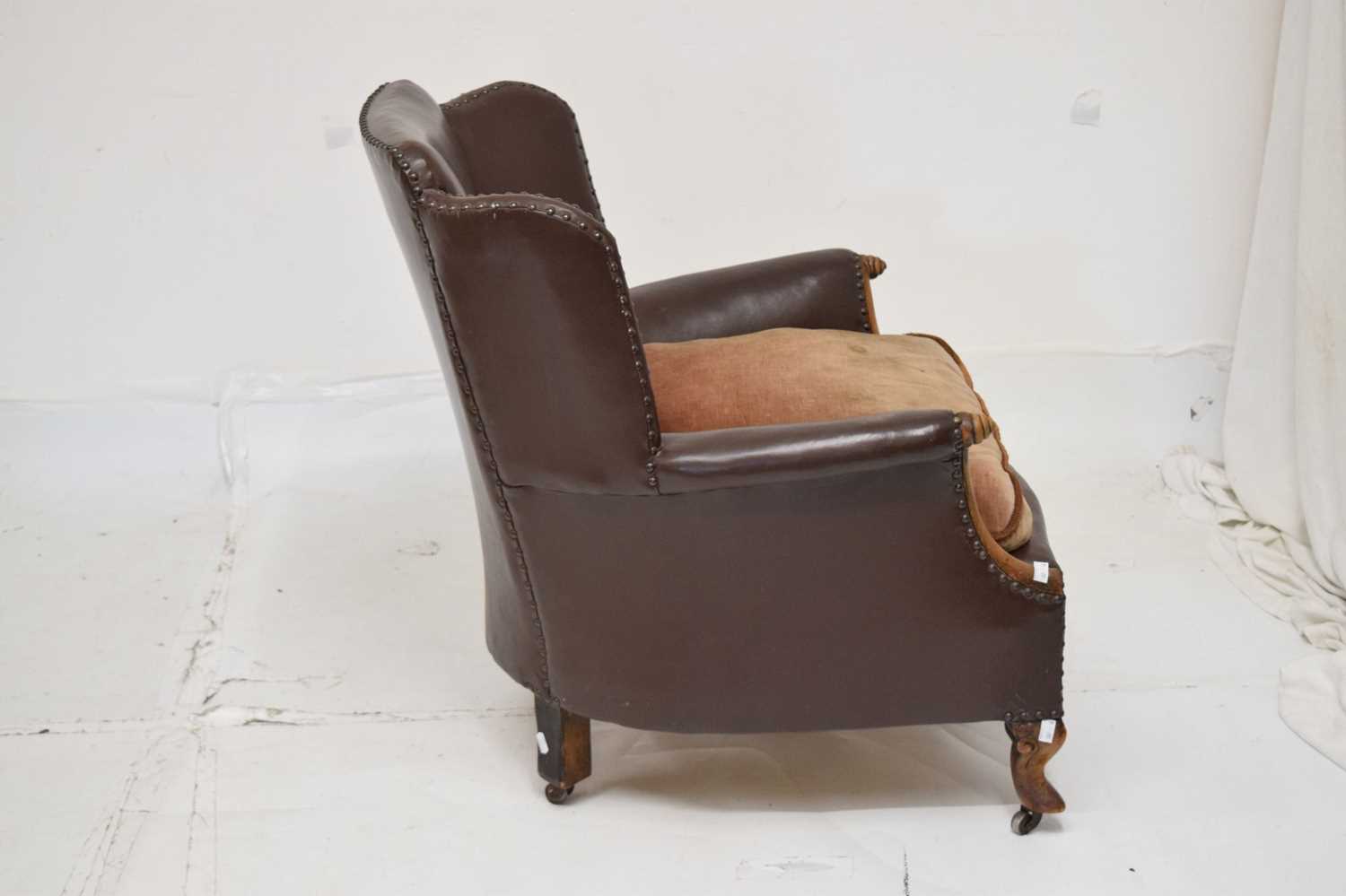 Early 20th century studded brown leatherette fireside chair - Image 5 of 7
