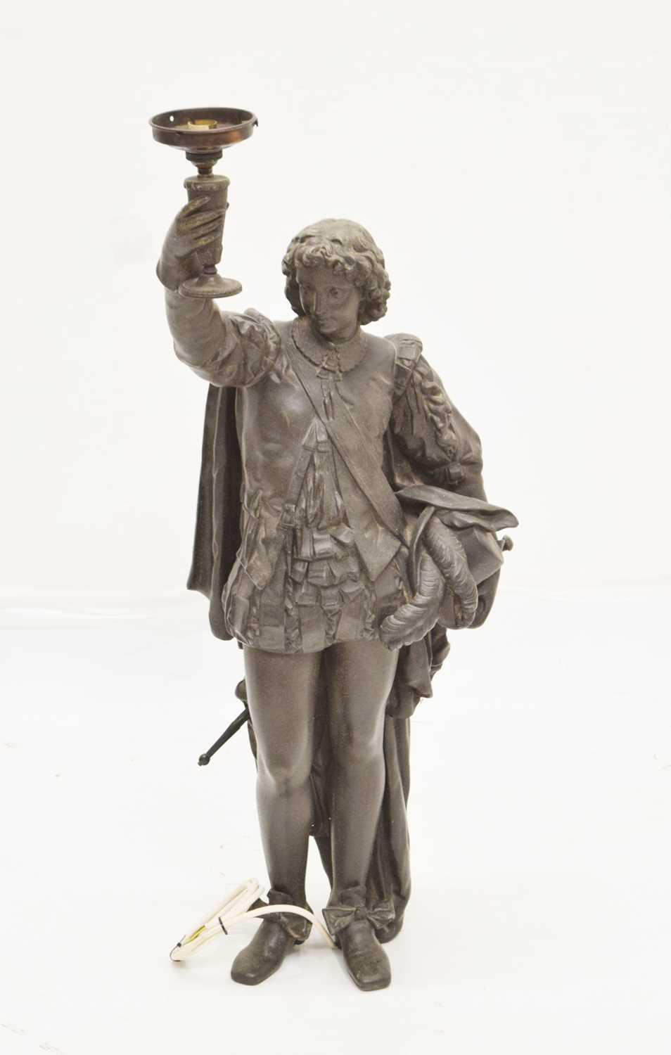 Late 19th century spelter figural lamp of a cavalier