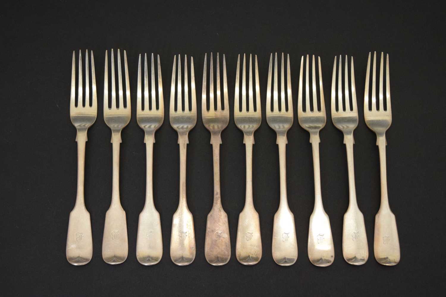 Set of ten Victorian Fiddle pattern silver dessert forks - Image 2 of 9