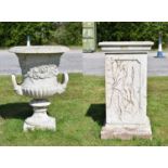 Composition stone garden urn and pedestal