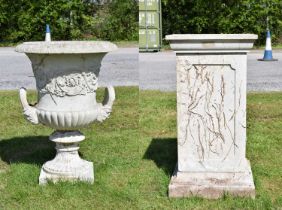 Composition stone garden urn and pedestal