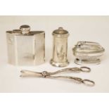 Silver-plated Art Deco style hip flask, pepper mill, table lighter, etc