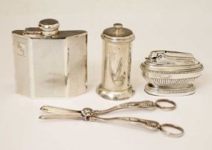 Silver-plated Art Deco style hip flask, pepper mill, table lighter, etc