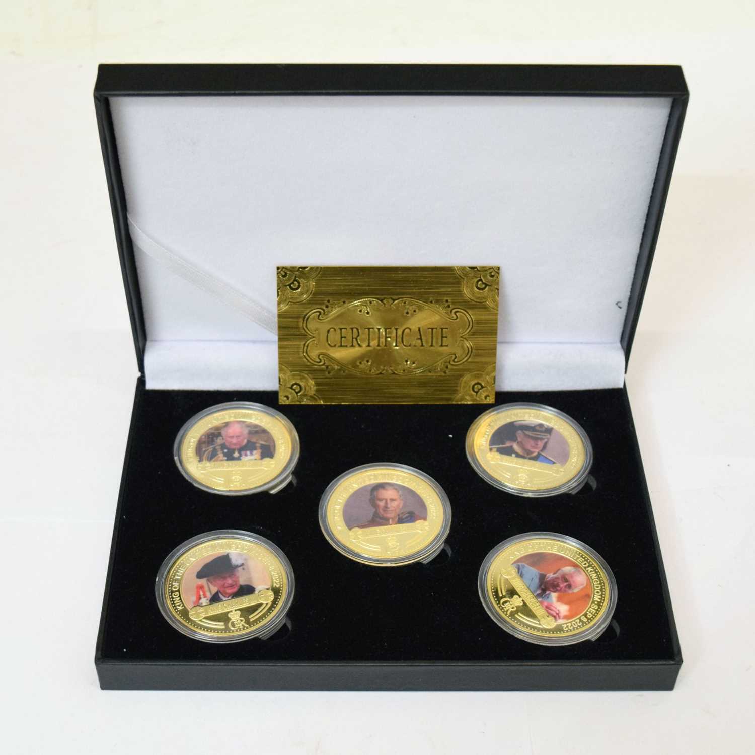 Gold-plated limited edition five-coin set commemorating Charles III