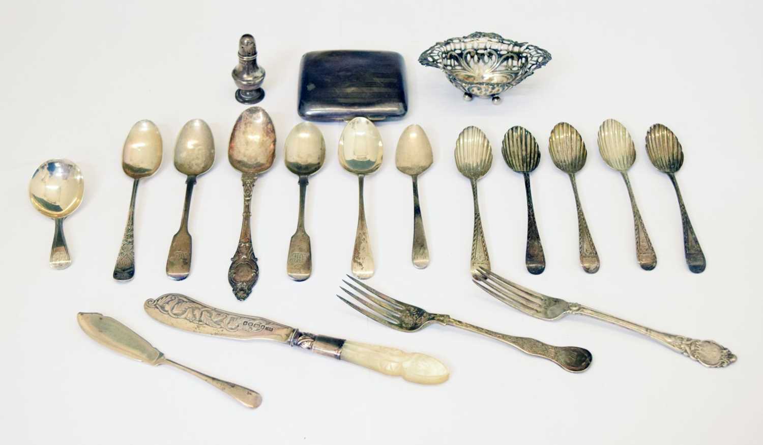 Quantity of silver spoons and flatware, George V cigarette case, etc