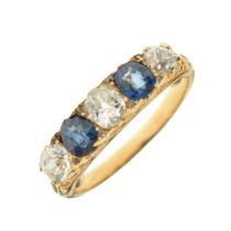 Five-stone diamond and sapphire ring