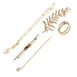 9ct gold fern leaf bar brooch set ten freshwater pearls