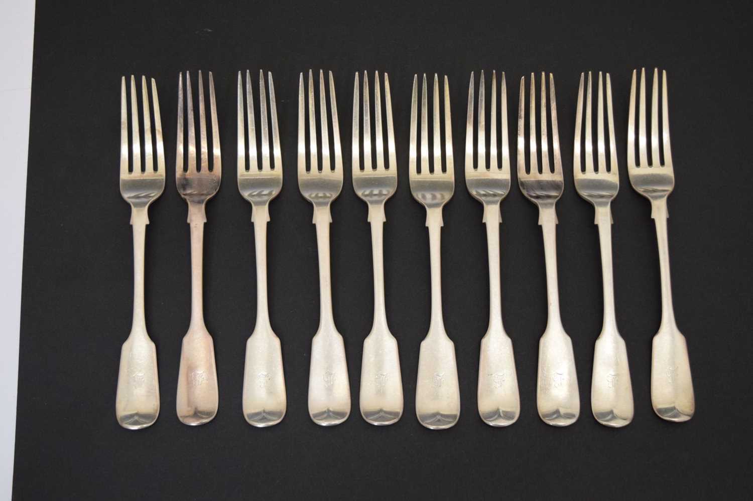 Set of ten Victorian Fiddle pattern silver table forks - Image 2 of 10