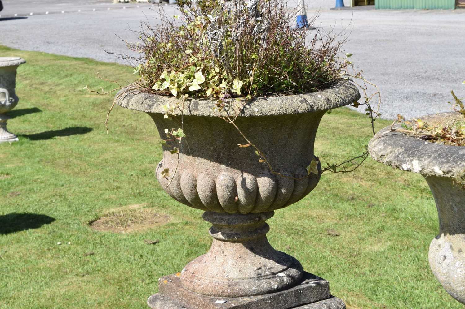 Pair of composition stone garden urns and pedestals - Image 7 of 8