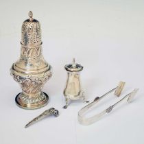 Group of silver to include late Victorian silver sugar sifter, asparagus tongs, etc
